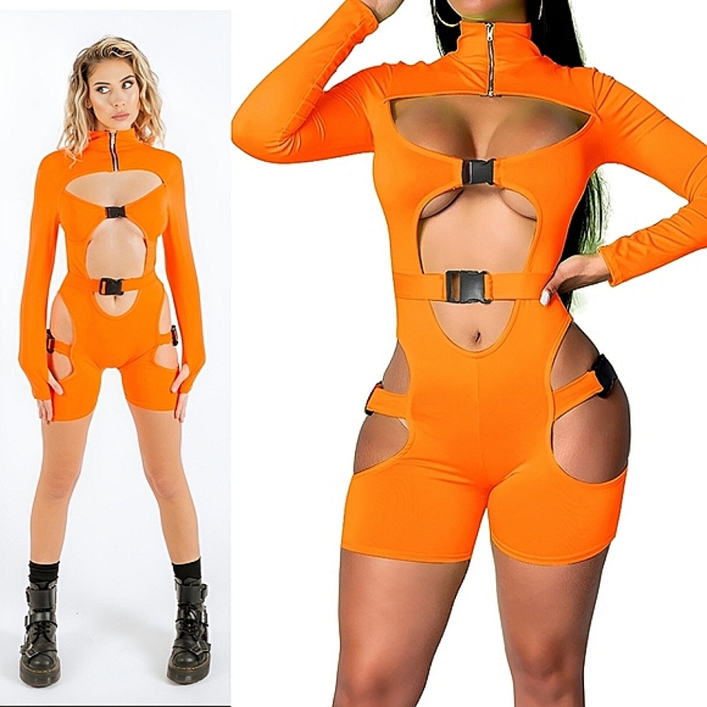 Neon Orange Buckle Long Sleeve Cut-Out Bodysuit